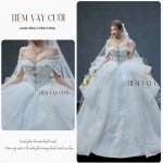 TVC374 Đầm Cưới Cô Dâu, Váy Cưới Đi Tiệc, Kim Sa, Vải Phi Nhật, Cúp Ngực, Tùng Xếp Ly