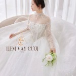 TVC502 Đầm Cưới Cô Dâu, Váy Cưới Tiệc Làm Lễ, Kim Sa, Cúp Ngực, Dài Tay, Tùng Xếp Ly