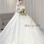 TVC533 Đầm Cưới Cô Dâu, Váy Cưới Dáng Xoè Bồng Bềnh, Dài Tay, Cúp Ngực, Đính Đá