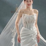 TVC635 Đầm Cưới Cô Dâu, Váy Cưới Đi Bàn, Đuôi Cá, Gọng Corset, Hoa 3D, Cúp Ngực