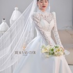 TVC689 Váy Cưới Đi Bàn, Đầm Cưới Đi Bàn, Tay Dài, Phối Ren, Dáng Xuông