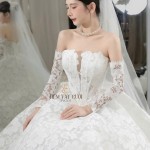 TVC835 Váy Cưới Làm Lễ, Đầm Cưới Đi Tiệc, Dài Tay, Vải Ren, Hoa 3D Bản To