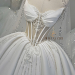 TVC848 Váy Cưới Làm Lễ, Váy Cưới Cô Dâu, Đầm Cưới Đi Tiệc, Gọng Corset, Cúp Ngực, Phi, Xếp Ly, Tùng Bồng