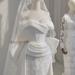 TVC850 Váy Cưới Đi Bàn, Váy Cưới Cô Dâu, Đầm Cưới Đuôi Cá, Bệt Vai Ngang, Xếp Ly, Tà Kèm Nơ Rời