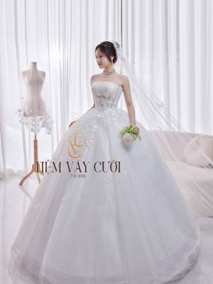 TVC499 Đầm Cưới Cô Dâu, Váy Cưới Tiệc Làm Lễ, Cúp Ngực Vải Voan Đính Kim Sa Lấp Lánh