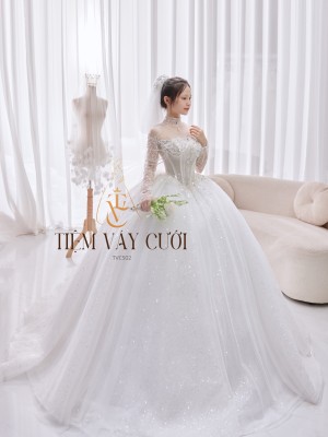 TVC502 Đầm Cưới Cô Dâu, Váy Cưới Tiệc Làm Lễ, Kim Sa, Cúp Ngực, Dài Tay, Tùng Xếp Ly