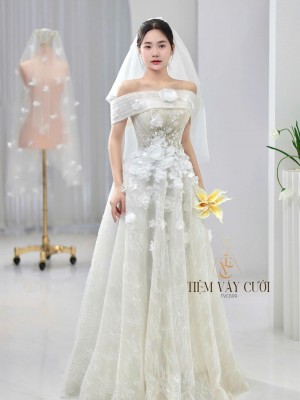 TVC699 Váy Cưới Đi Bàn, Đầm Cưới Đi Bàn, Bệt Vai Ngang, Phối Ren, Dáng Xuông