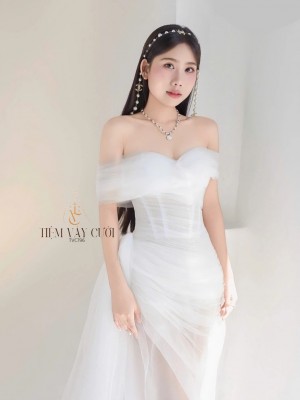 TVC796 Váy Cưới Đi Bàn, Đầm Cưới Đuôi Cá, Voan, Tà Lệch