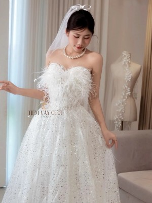 TVC824 Váy Cưới Đi Bàn, Đầm Cưới Dáng Xuông, Cúp Ngực Lông Vũ, Hoa 3D