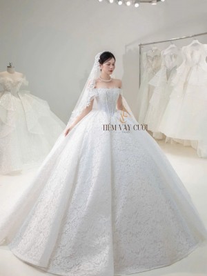 TVC825 Váy Cưới Làm Lễ, Đầm Cưới Tiệc, Trễ Vai, Đính Đá