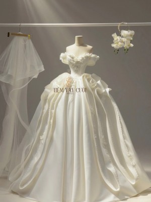 TVC829 Váy Cưới Làm Lễ, Đầm Cưới Cao Cấp, Cúp Ngực, Họa Tiết, Tặng Tùng + Voan + Mút Ngực