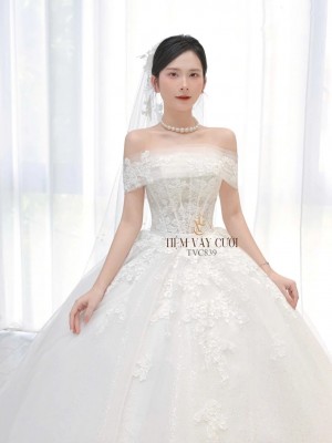 TVC839 Váy Cưới Làm Lễ, Đầm Cưới Lông Vũ, Cúp Ngực, Dáng Xoè