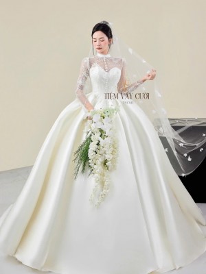 TVC843 Váy Cưới Làm Lễ, Đầm Cưới Dáng Xoè Bồng Bềnh, Dài Tay, Cúp Ngực, Đính Đá