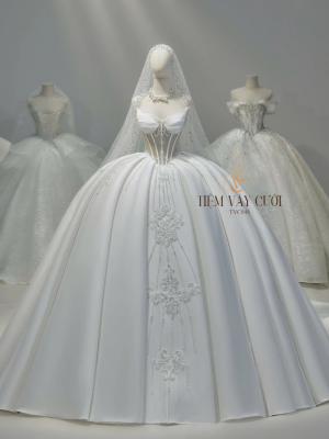 TVC848 Váy Cưới Làm Lễ, Váy Cưới Cô Dâu, Đầm Cưới Đi Tiệc, Gọng Corset, Cúp Ngực, Phi, Xếp Ly, Tùng Bồng