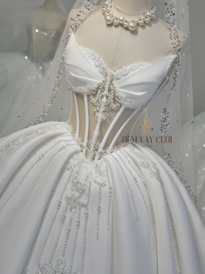 TVC848 Váy Cưới Làm Lễ, Váy Cưới Cô Dâu, Đầm Cưới Đi Tiệc, Gọng Corset, Cúp Ngực, Phi, Xếp Ly, Tùng Bồng