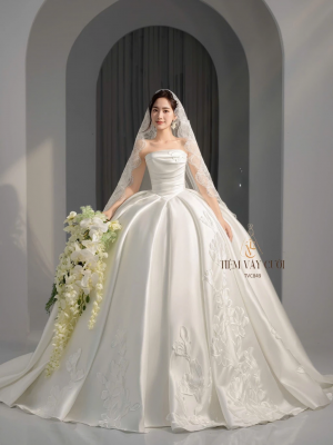 TVC849 Váy Cưới Làm Lễ, Váy Cưới Cô Dâu, Đầm Cưới Đi Tiệc, Cúp Ngực, Vải Phi, Xếp Ly