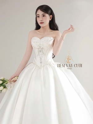 TVC851 Váy Cưới Làm Lễ, Váy Cưới Cô Dâu, Đầm Cưới Đi Tiệc, Cúp Ngực, Tùng Bồng, Xếp Ly