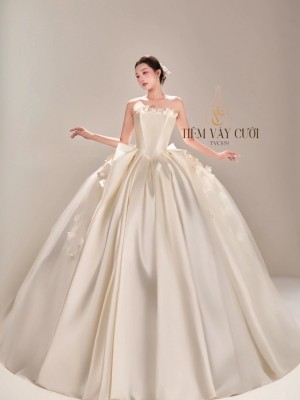 TVC859 Váy Cưới Làm Lễ,Váy Cưới Cô Dâu, Đầm Cưới Tiệc, Vải Phi, Hoa 3D, Tùng Bồng