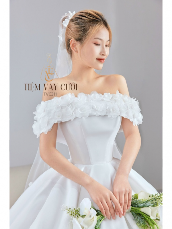 TVC311 Váy Cưới Cô Dâu, Váy Cưới Tiệc Cúp Ngực, Vải Phi Nhật, Tay Ngang , Váy Thiết Kế