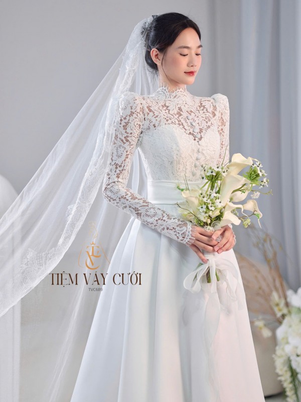 TVC689 Váy Cưới Đi Bàn, Đầm Cưới Đi Bàn, Tay Dài, Phối Ren, Dáng Xuông