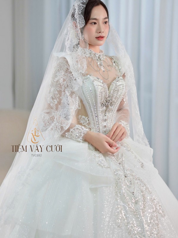 TVC692 Đầm Cưới Làm Lễ, Đầm Cưới Đi Tiệc, Kim Sa, Dài Tay, Tùng Bồng