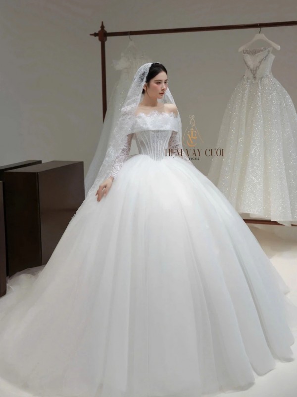 TVC812 Váy Cưới Làm Lễ, Đầm Cưới Đi Tiệc, Bệt Vai Ngang, Ren, Tùng Bồng