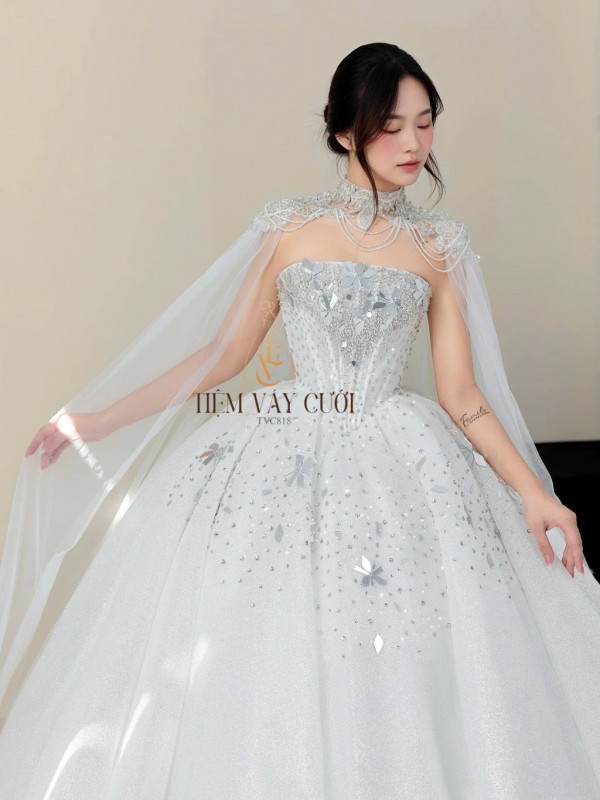 TVC818 Váy Cưới Làm Lễ, Đầm Cưới Thiết Kế, Cúp Ngực, Đính Đá