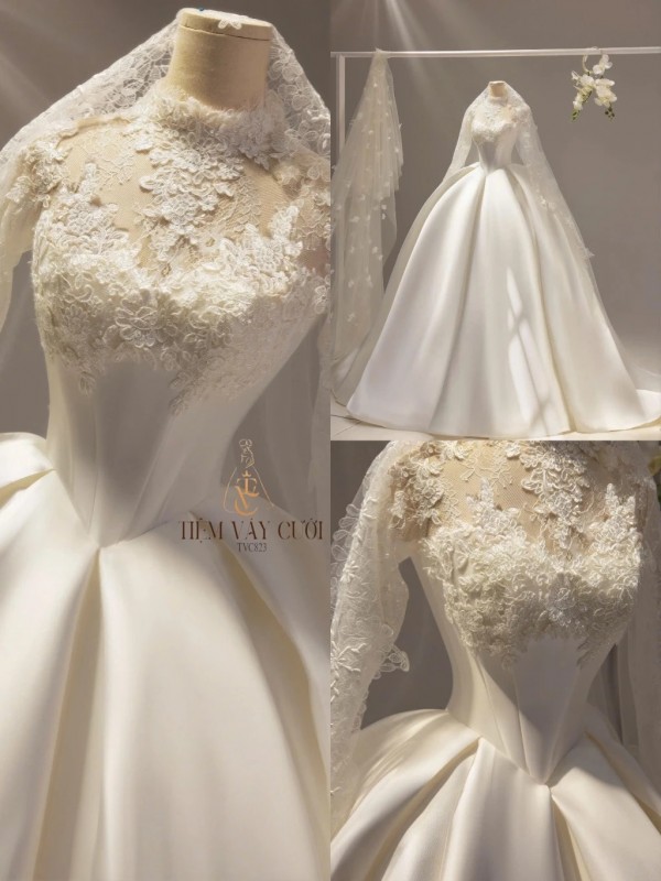 TVC823 Váy Cưới Làm Lễ, Đầm Cưới Dài Tay, Cổ Đá Rời, Tùng Bồng