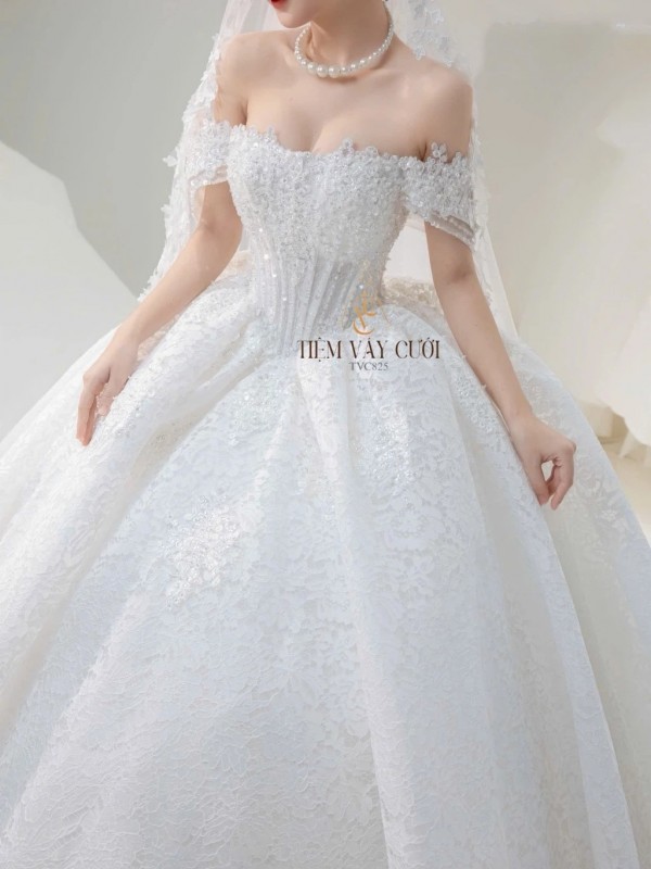 TVC825 Váy Cưới Làm Lễ, Đầm Cưới Tiệc, Trễ Vai, Đính Đá