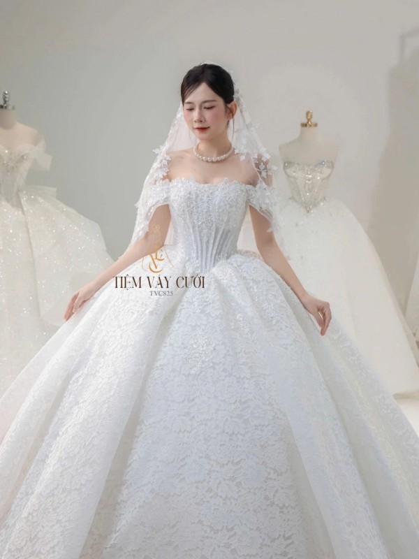 TVC825 Váy Cưới Làm Lễ, Đầm Cưới Tiệc, Trễ Vai, Đính Đá
