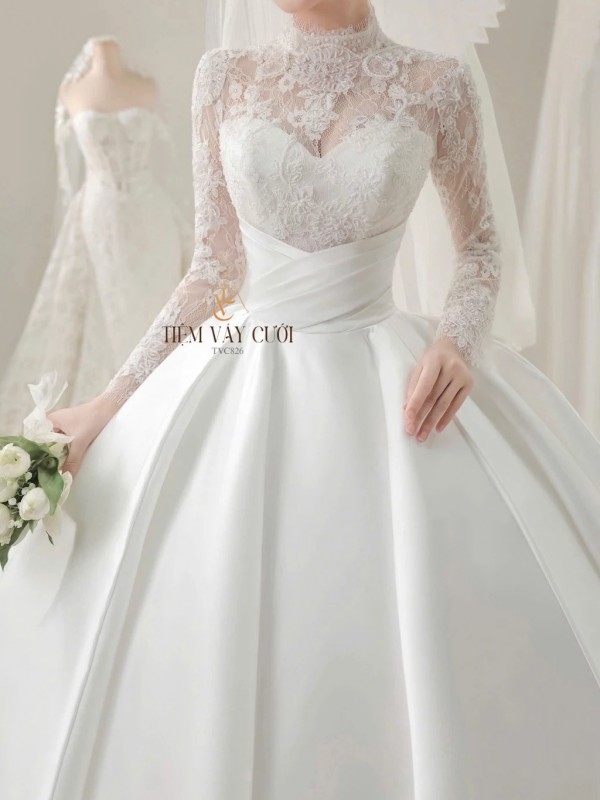 TVC826 Váy Cưới Dáng Xoè Bồng Bềnh, Ren Lưới Trắng, Tặng Tùng Voan Mút Ngực, Đầm Cưới Dài Tay Vai Bồng