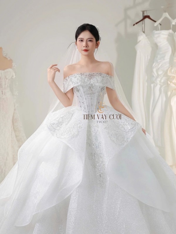 TVC827 Váy Cưới Làm Lễ, Đầm Cưới Đi Tiệc, Voan, Bệt Vai Ngang, Tùng Bồng