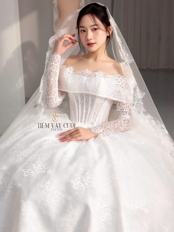 TVC828 Váy Cưới Làm Lễ, Đầm Cưới Đi Tiệc, Cúp Ngực, Tùng Bồng, Xếp Ly