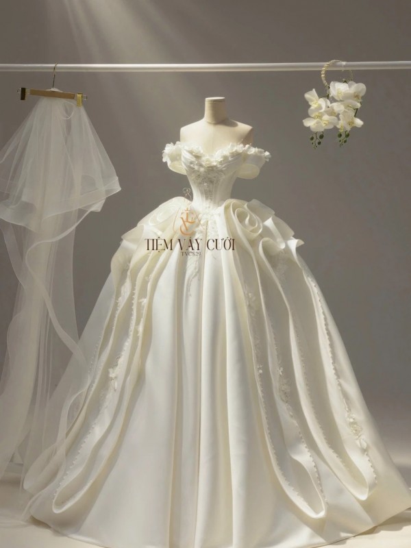 TVC829 Váy Cưới Làm Lễ, Đầm Cưới Cao Cấp, Cúp Ngực, Họa Tiết, Tặng Tùng + Voan + Mút Ngực