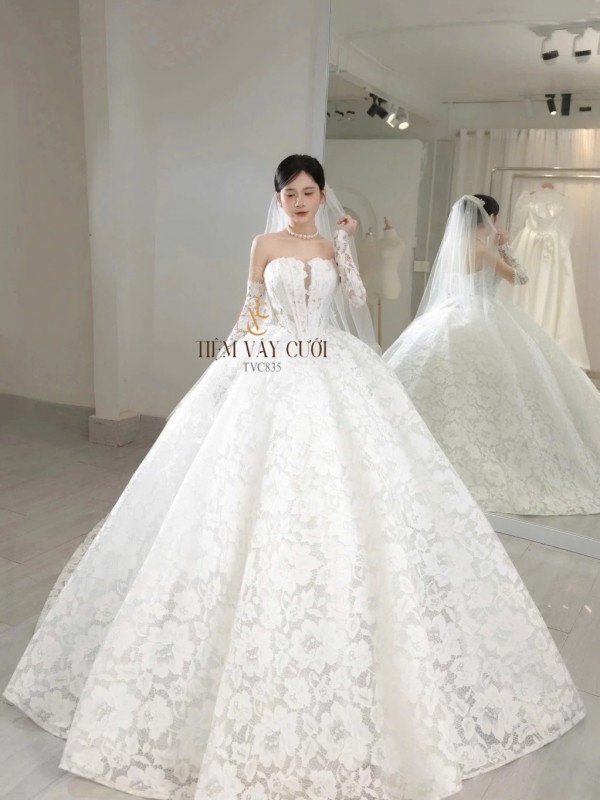 TVC835 Váy Cưới Làm Lễ, Đầm Cưới Đi Tiệc, Dài Tay, Vải Ren, Hoa 3D Bản To