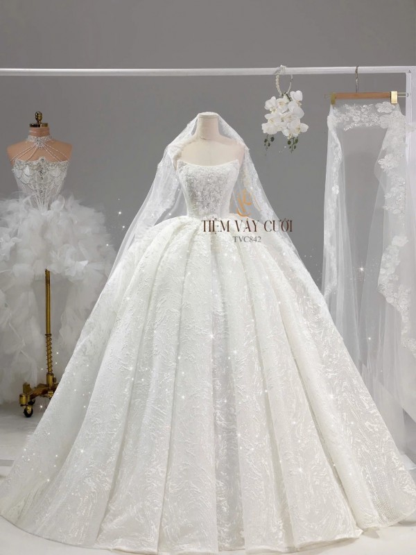 TVC842 Váy Cưới Làm Lễ, Đầm Cưới Dáng Xoè Bồng Bềnh, Dài Tay, Cúp Ngực, Đính Đá