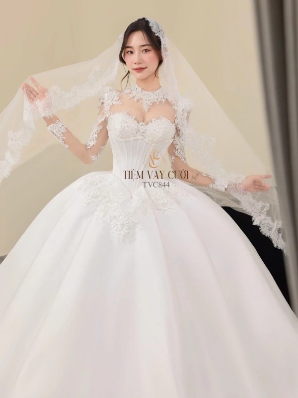 TVC844 Váy Cưới Làm Lễ, Đầm Cưới Dáng Xoè Bồng Bềnh, Dài Tay, Cúp Ngực, Đính Đá