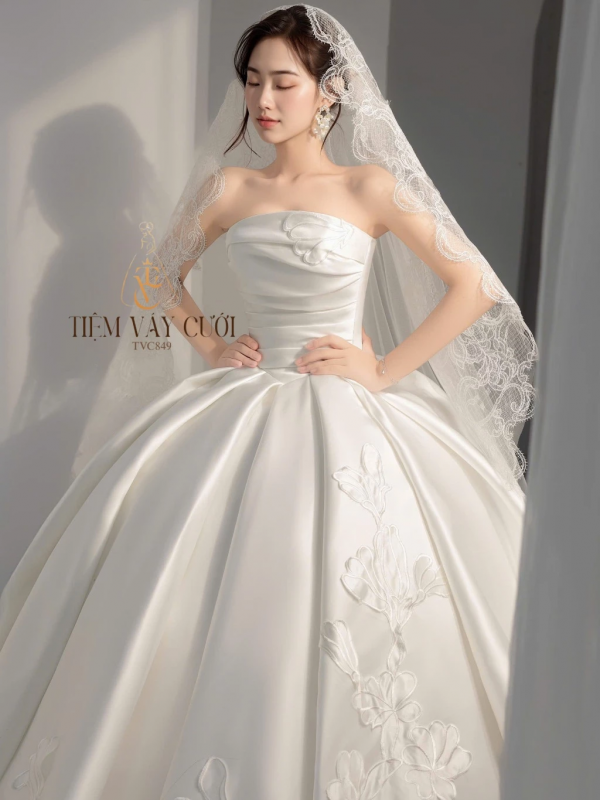 TVC849 Váy Cưới Làm Lễ, Váy Cưới Cô Dâu, Đầm Cưới Đi Tiệc, Cúp Ngực, Vải Phi, Xếp Ly