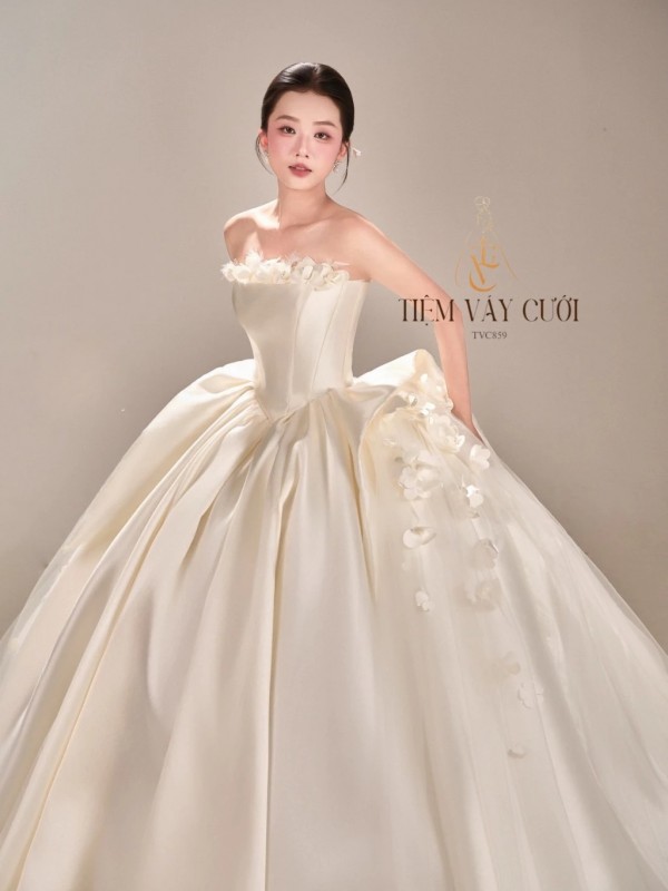 TVC859 Váy Cưới Làm Lễ,Váy Cưới Cô Dâu, Đầm Cưới Tiệc, Vải Phi, Hoa 3D, Tùng Bồng