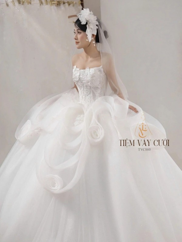 TVC860 Váy Cưới Làm Lễ, Váy Cưới Cô Dâu, Đầm Cưới Đi Tiệc, Cúp Ngực, Tùng Bồng, Xếp Ly