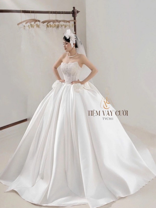 TVC861 Váy Cưới Làm Lễ, Váy Cưới Cô Dâu, Cúp Ngực, Phi, Hoa 3D, Cúp Ngực, Váy Thiết Kế