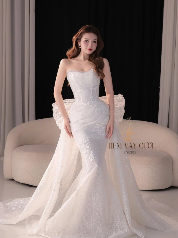 TVC865 Váy Cưới Đi Bàn, Váy Cưới Cô Dâu, Đầm Cưới Đuôi Cá, Cúp Ngực, Tà Dài, Nơ Lớn