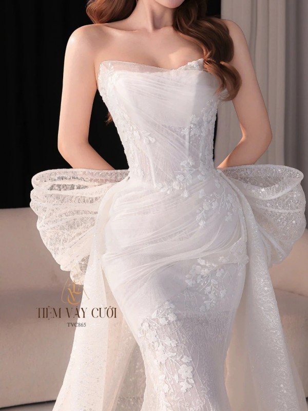 TVC865 Váy Cưới Đi Bàn, Váy Cưới Cô Dâu, Đầm Cưới Đuôi Cá, Cúp Ngực, Tà Dài, Nơ Lớn