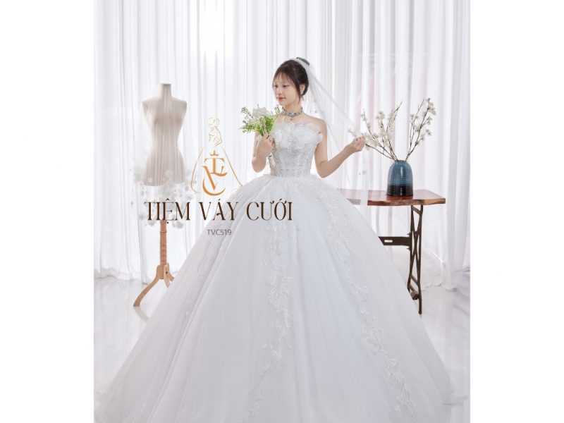 TVC519 Đầm Cưới Cô Dâu, Váy Cưới Đi Tiệc, Kim Sa, Cúp Ngực, Tùng Bồng