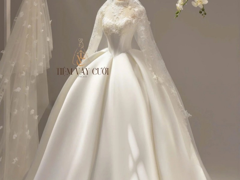 TVC823 Váy Cưới Làm Lễ, Đầm Cưới Dài Tay, Cổ Đá Rời, Tùng Bồng