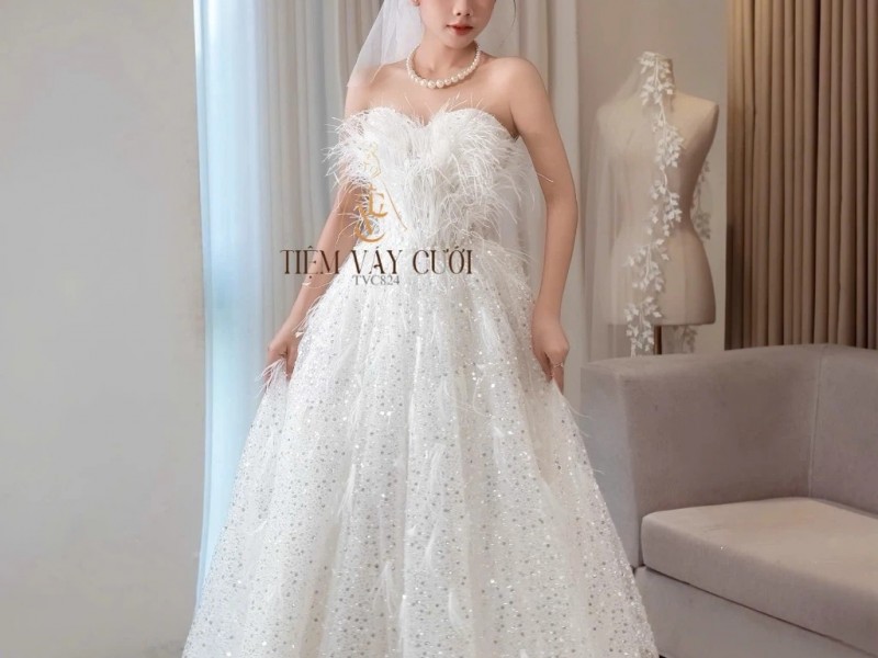 TVC824 Váy Cưới Đi Bàn, Đầm Cưới Dáng Xuông, Cúp Ngực Lông Vũ, Hoa 3D