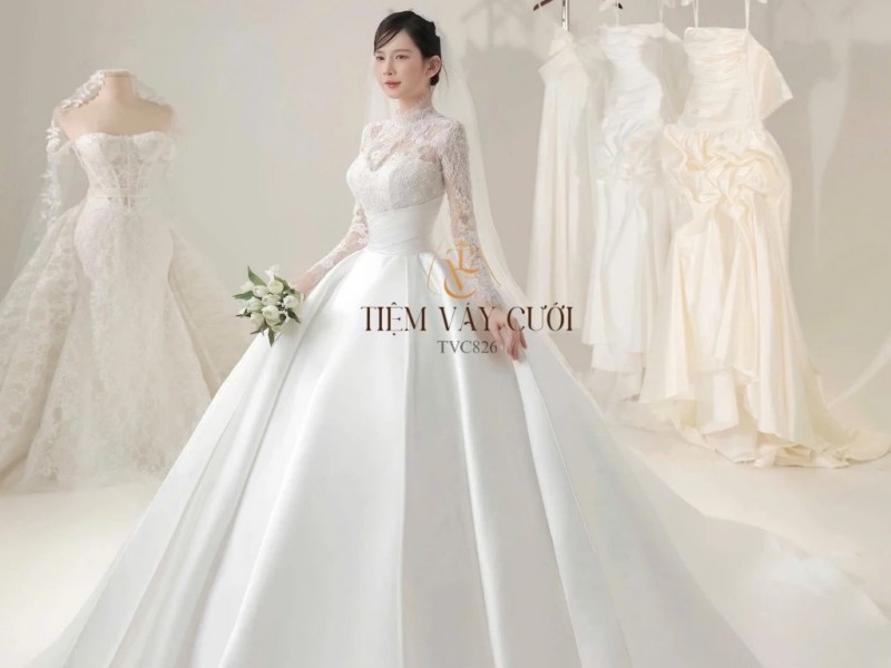 TVC826 Váy Cưới Dáng Xoè Bồng Bềnh, Ren Lưới Trắng, Tặng Tùng Voan Mút Ngực, Đầm Cưới Dài Tay Vai Bồng