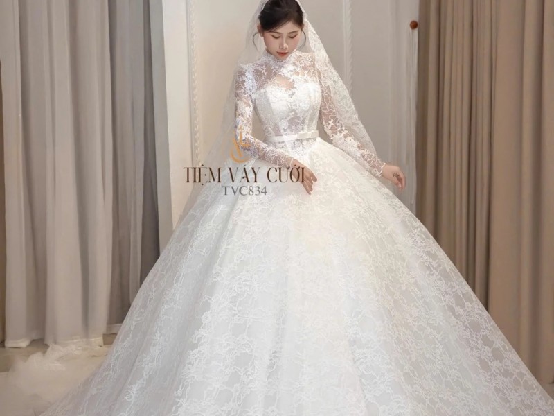 TVC834 Váy Cưới Làm Lễ, Đầm Cưới Đi Tiệc, Dài Tay, Kim Tuyến