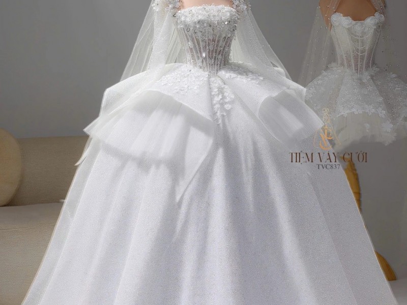 TVC837 Váy Cưới Làm Lễ, Đầm Cưới Đi Tiệc, Dáng Xoè, Dài Tay, Cúp Ngực, Đính Đá
