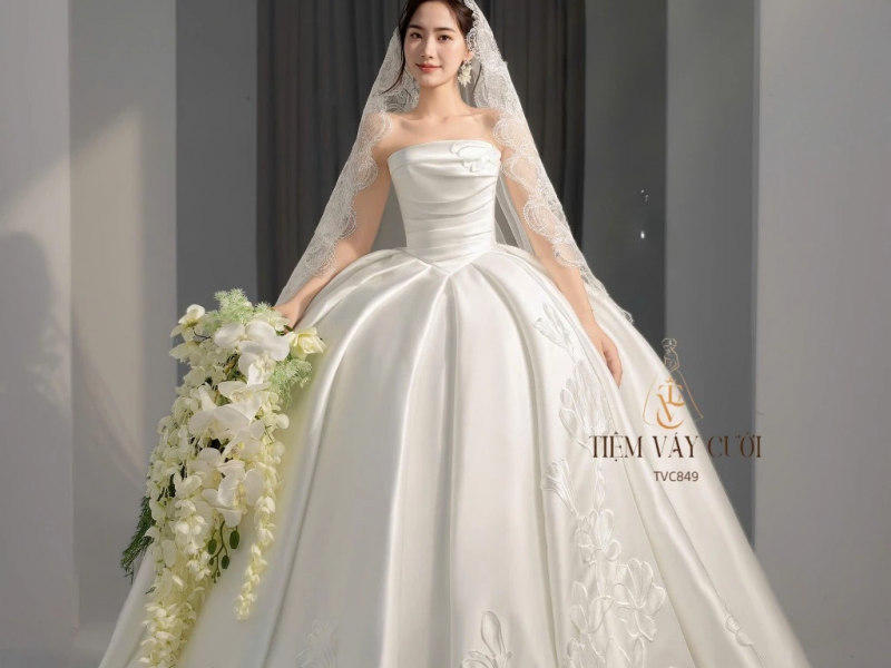 TVC849 Váy Cưới Làm Lễ, Váy Cưới Cô Dâu, Đầm Cưới Đi Tiệc, Cúp Ngực, Vải Phi, Xếp Ly